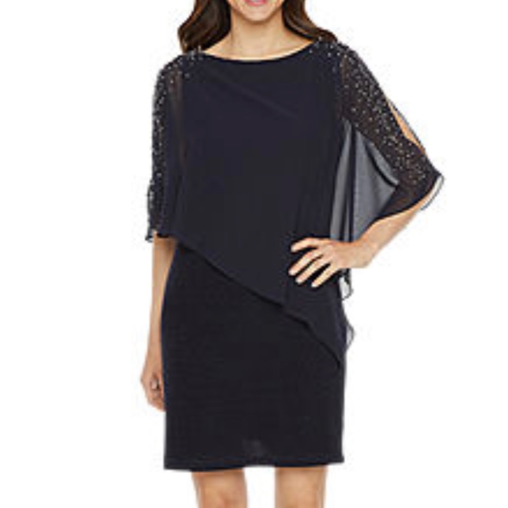 Beaded Cape Boatneck Asymmetrical Cocktail Dress - Black -  Women's Size 4P
